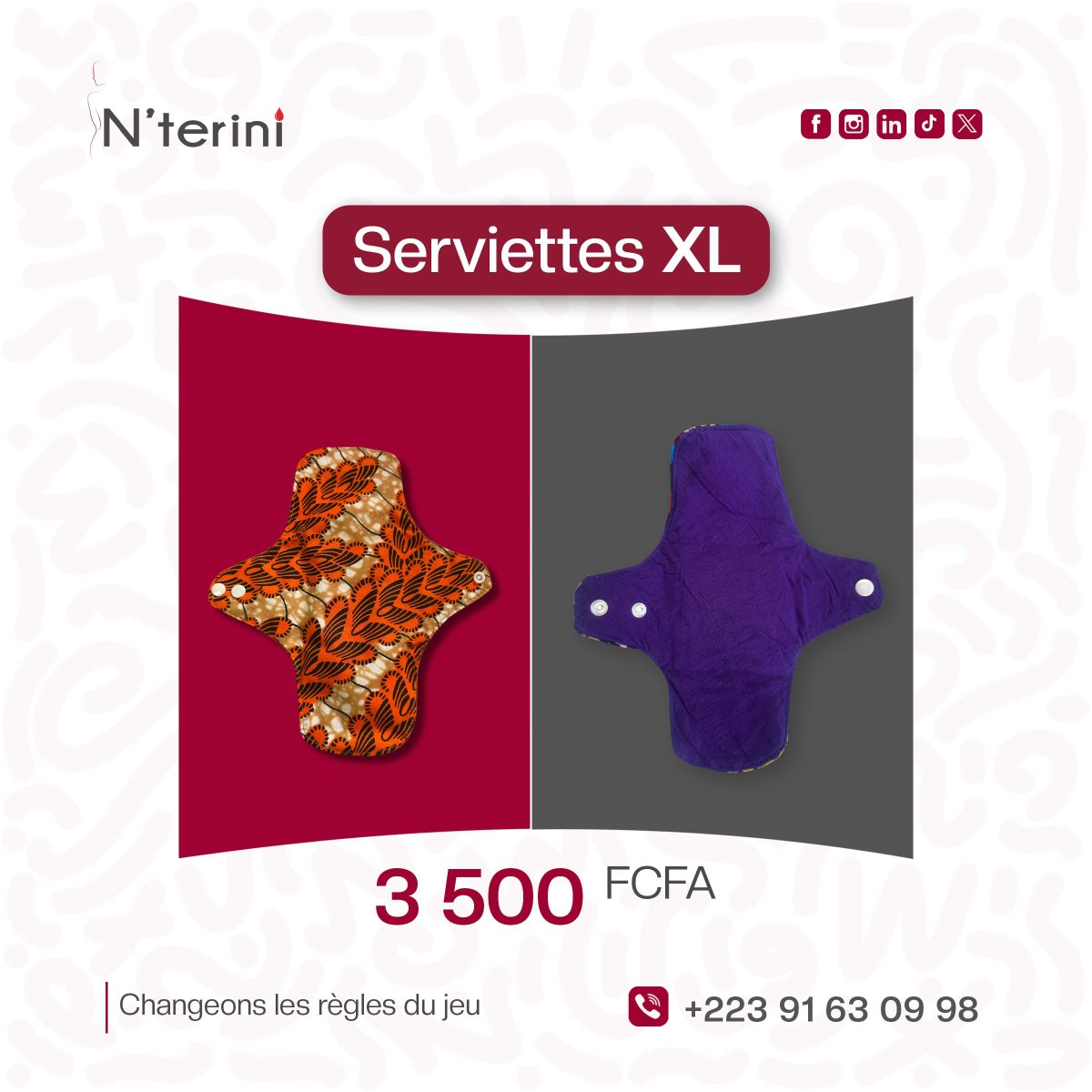 NTerini's tweet photo. Notre serviette XL est là pour t’accompagner en toute tranquillité, de jour comme de nuit. 🤍Confortable, absorbante et réutilisable, elle est ta meilleure alliée contre les flux abondants. 💪🏾

📍Prix : 3 500 FCFA
📞 Commande au : +223 91 63 09 98

#Nterini #XL #ConfortAbsolu https://t.co/SV6odTSads
