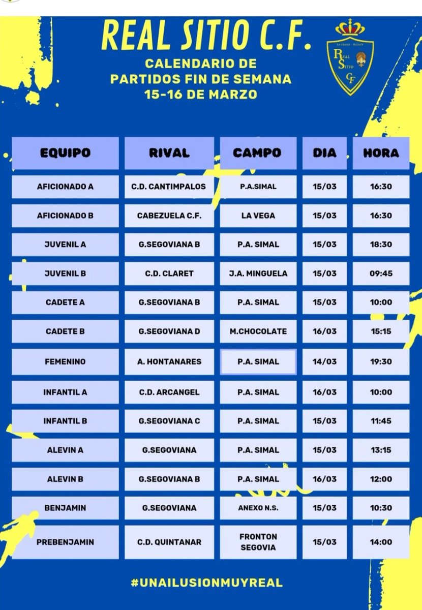 Estos son los horarios para nuestros partidos de este fin de semana. 💙 💛
#RealSitioCF
#UnailusionmuyReal
