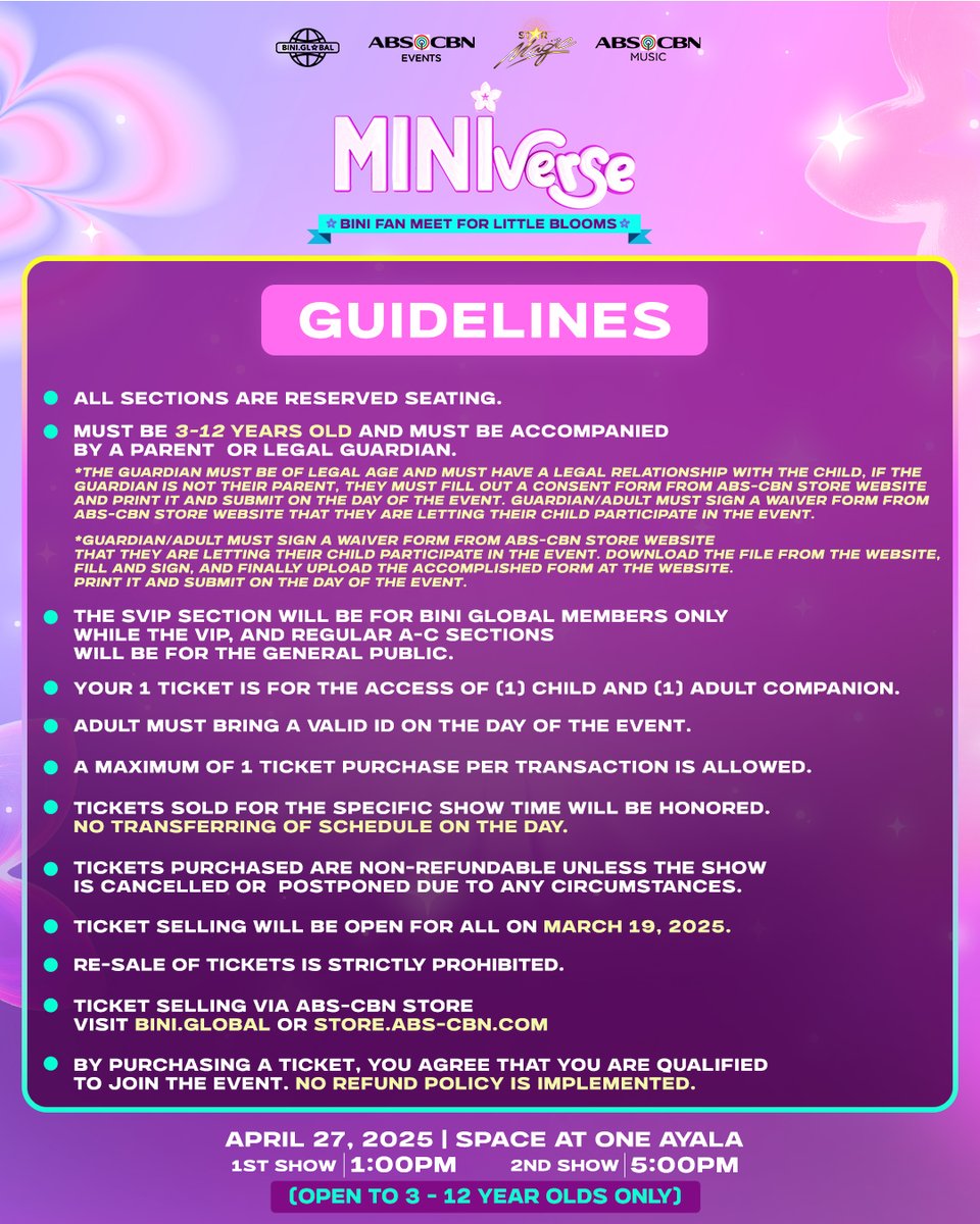 BINI_ph's tweet photo. Hey there, little besties (and guardians)! 💖 Check out the ticketing seat plan and guidelines so you’re all set for our special #BINI_Miniverse fan meet!🎟️✨

We’re soooo excited to share fun moments, giggles, and happy memories with you this April 27, 2025! See you soon! 🫶💖

#BINI #MINIverse #StarMusicPH #ABSCBNMusic #ABSCBNEvents