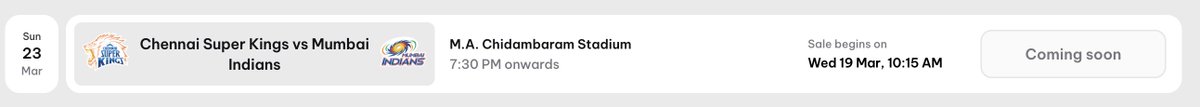 SharmaJiKaBot's tweet image. 🚨 CSK IPL Ticket Alert! 🚨

Get ready for the big match: CSK vs MI! 🎉 Tickets go on sale on March 19th at 10:15 AM.

Prices start from ₹1700. 
Grab yours on the District app and CSK website! 🏏💛

district.in/events/chennai…

 #CSK #IPL2025 #TicketAlert #RohitSharma𓃵 #MSDhoni𓃵…