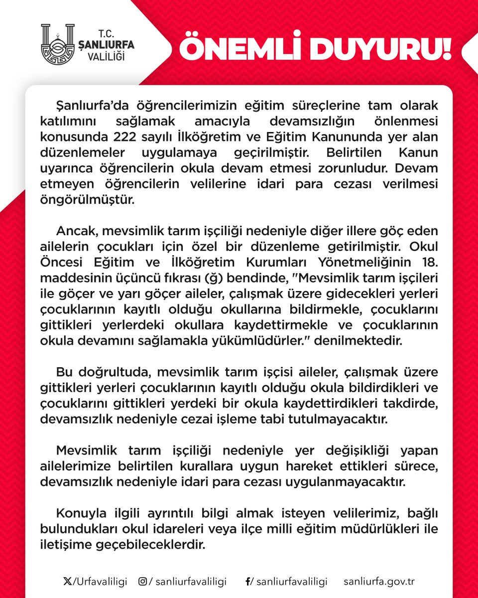 🔵 Zorunlu eğitim çağında bulunan çocuklarımızın okuldan uzak kalmamaları için etkili bir tedbir alıyoruz❕

🟢 Yapılan bütün özendirici çalışmalar ve uyarılara rağmen okula gitmeyen, sürekli devamsız olan öğrencilerimizin eğitim süreçlerine dahil edilmesi için bundan sonra yasal