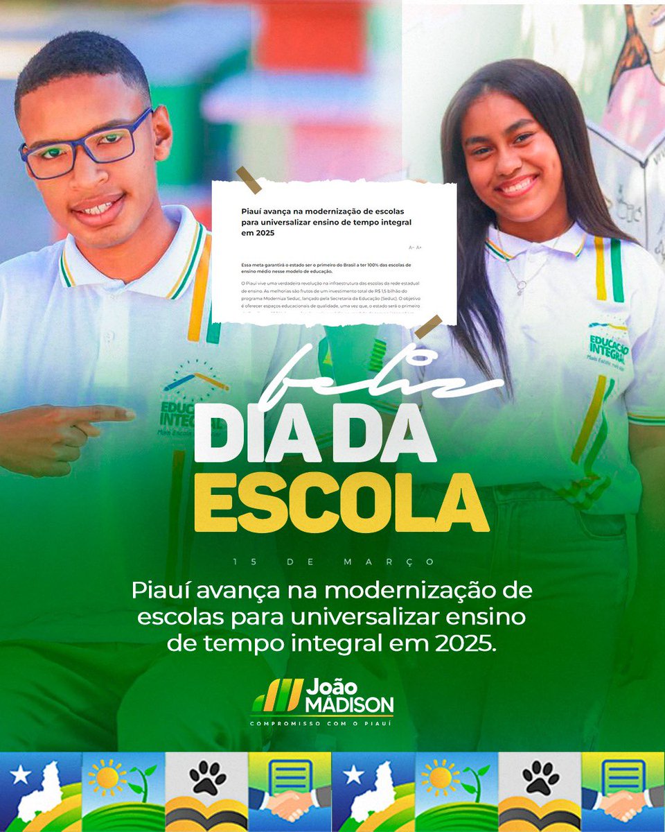 joaomadison's tweet photo. Hoje o nosso estado vive uma verdadeira mudança na infraestrutura das escolas da rede estadual de ensino .

O Piauí está sendo o primeiro estado do Brasil a ter 100% das escolas de ensino médio em tempo integral no ano de 2025.

#avanconaeducacao #escolas #tempointegral https://t.co/EY6pI5z0dK