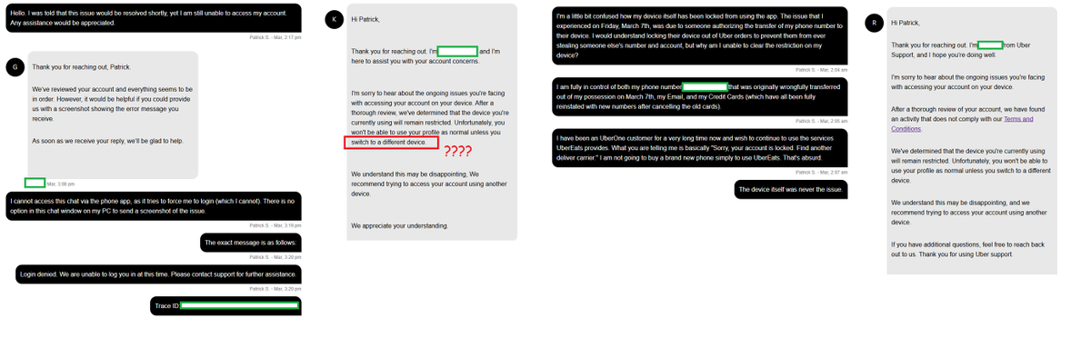_SweetPatato's tweet photo. @UberEats @Uber @Uber_Support 

I am a victim of fraud and identity theft, yet I'm being punished? You won't even let me close my account. Your provided solution to restricting my cell phone (not the account, just the phone) is to buy a new phone. Someone make it make sense. https://t.co/2lXGcdlOe3