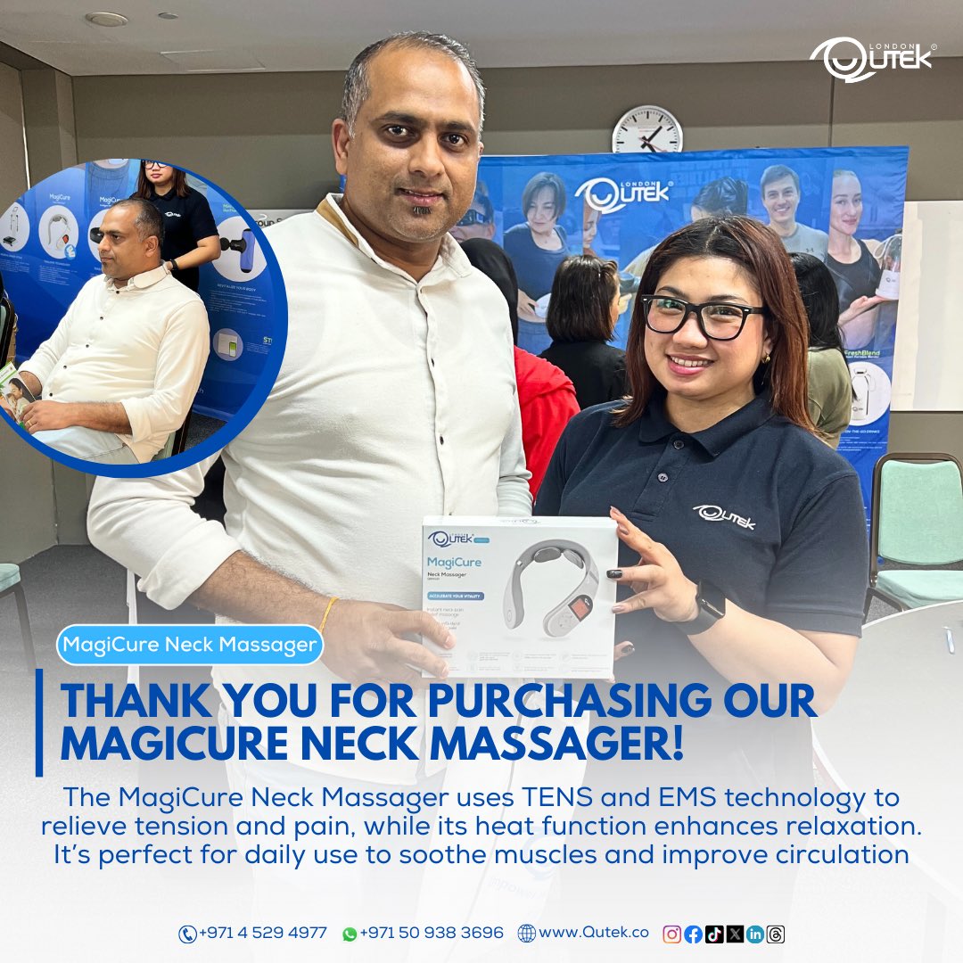 QutekME's tweet photo. The MagiCure Neck Massager utilizes advanced TENS (Transcutaneous Electrical Nerve Stimulation) and EMS (Electrical Muscle Stimulation) technology to effectively relieve neck tension, reduce pain, and promote muscle relaxation.

Call 04 529 4977 or WhatsApp us at 050 938 3696 https://t.co/1p1keDWnik