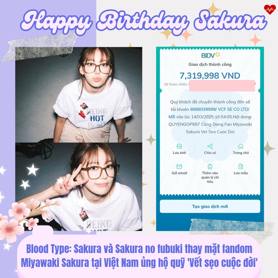 sakuranofubuki_'s tweet photo. 🌸 HAPPY SAKURA DAY  | CHARITY FOR SCAR OF LIFE PROGRAM

On behalf of Sakura's Vietmam fans, we donated $286 to children with congenital heart disease. Although it may not be much, we hope this contribution helps spread kindness within the community.
#SAKURA #사쿠라  #宮脇咲良 https://t.co/NgCFUCtMJL