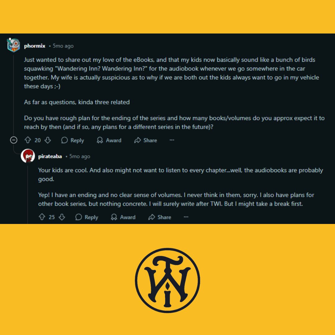 WanderingInn's tweet photo. Check out these questions from the previous AMA with pirateaba #EpicFantasy
#LitRPGLore
#FantasyUniverse https://t.co/4uVBZc5f3g