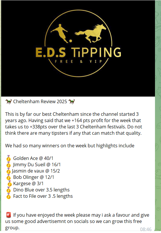EDS__Tipping's tweet photo. E.D.S CHELTENHAM REVIEW 

What a week you had and good to see so many winning bets this also included place accas landed couple of nice yankee returns and a £233 placepot. 
+164 main group 98.1pt return for Antepost all Free Link for main group below 
https://t.co/62jKiaz0Dk https://t.co/jl58nOPGh5
