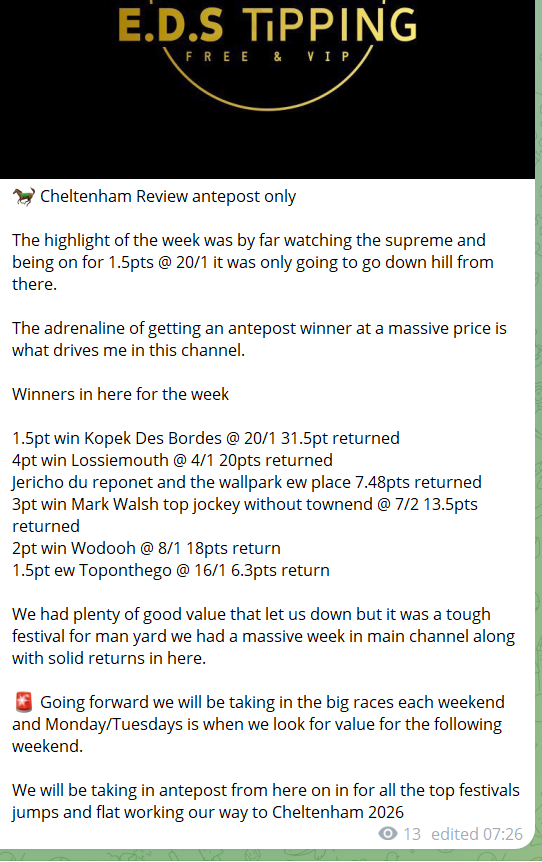 EDS__Tipping's tweet photo. E.D.S CHELTENHAM REVIEW 

What a week you had and good to see so many winning bets this also included place accas landed couple of nice yankee returns and a £233 placepot. 
+164 main group 98.1pt return for Antepost all Free Link for main group below 
https://t.co/62jKiaz0Dk https://t.co/jl58nOPGh5