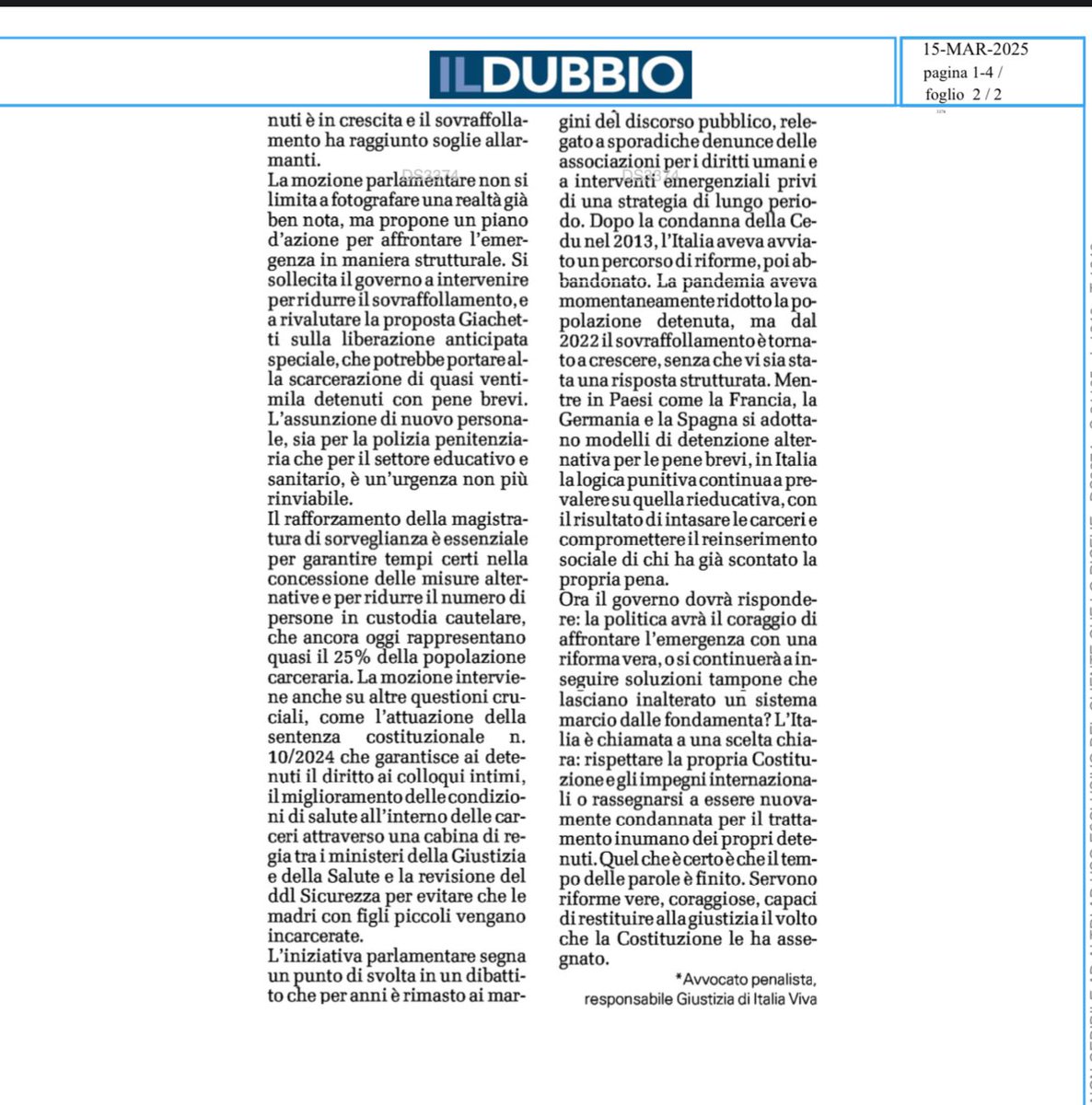 catvitiello's tweet photo. Il #carcere in Italia è una vergogna che la politica ignora.
Su @ildubbionews parlo della mozione che chiede un cambio di rotta: sovraffollamento, suicidi, personale allo stremo non possono più essere la normalità.
Il Parlamento continuerà a voltarsi dall’altra parte? #giustizia https://t.co/rkURy34TiA