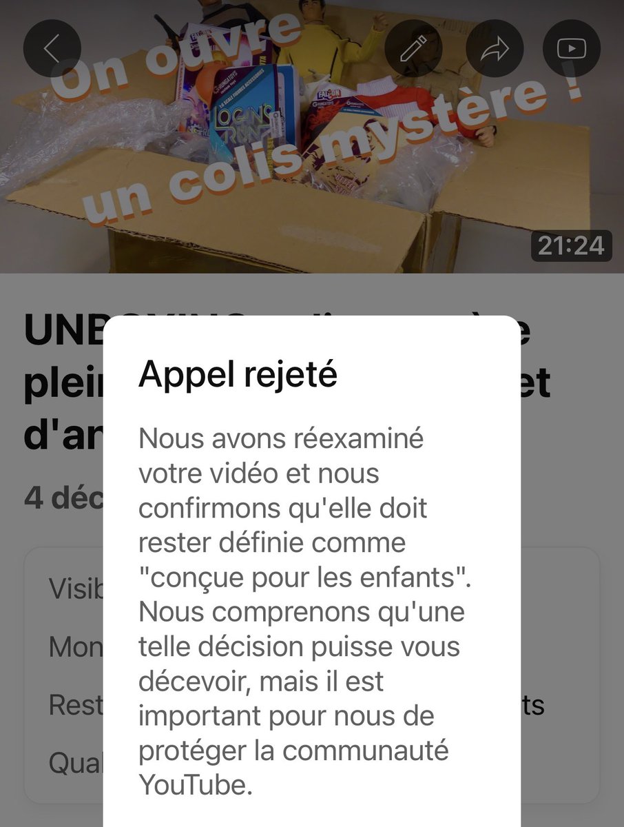 Gen_JOUETS's tweet image. YouTube classe des vidéos qui présentent des objets collectors destinés à un public de plus de 14 ans comme « conçues pour les enfants de moins de 13 ans pour protéger sa communauté » et rejette nos appels @youtubecreator @youtube @TeamYouTube 
#protectiondelenfant #ia #ai
