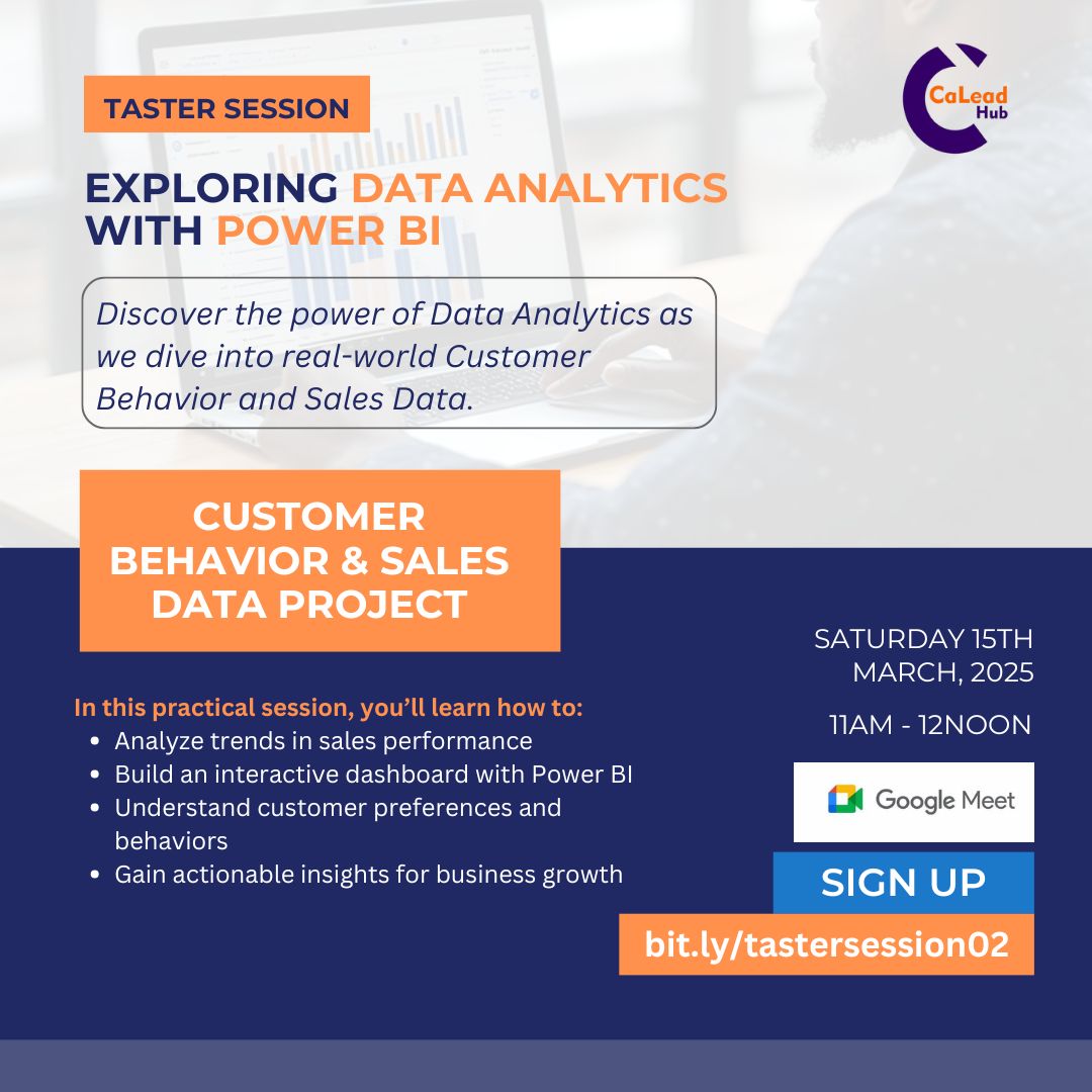 caleadhub's tweet photo. What can you drive out of your sales and customer behavior data? 

Wonder if you can use tools like Power BI? 

We are inviting you to join our Data Analytics Taster Session this morning 
Time:  11:00am – 12:00pm
Video call link: https://t.co/6MeC6IB5IP
#dataanalytics #powerbi https://t.co/v12sHIW6lE