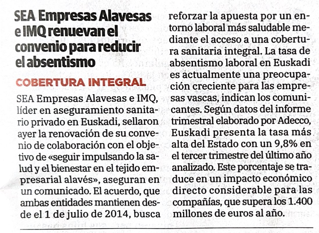 EmpreSEA's tweet photo. @EmpreSEA e @imq renuevan el convenio para reducir el absentismo. Vía @elcorreo_alava https://t.co/QYhJNJZ9dG
