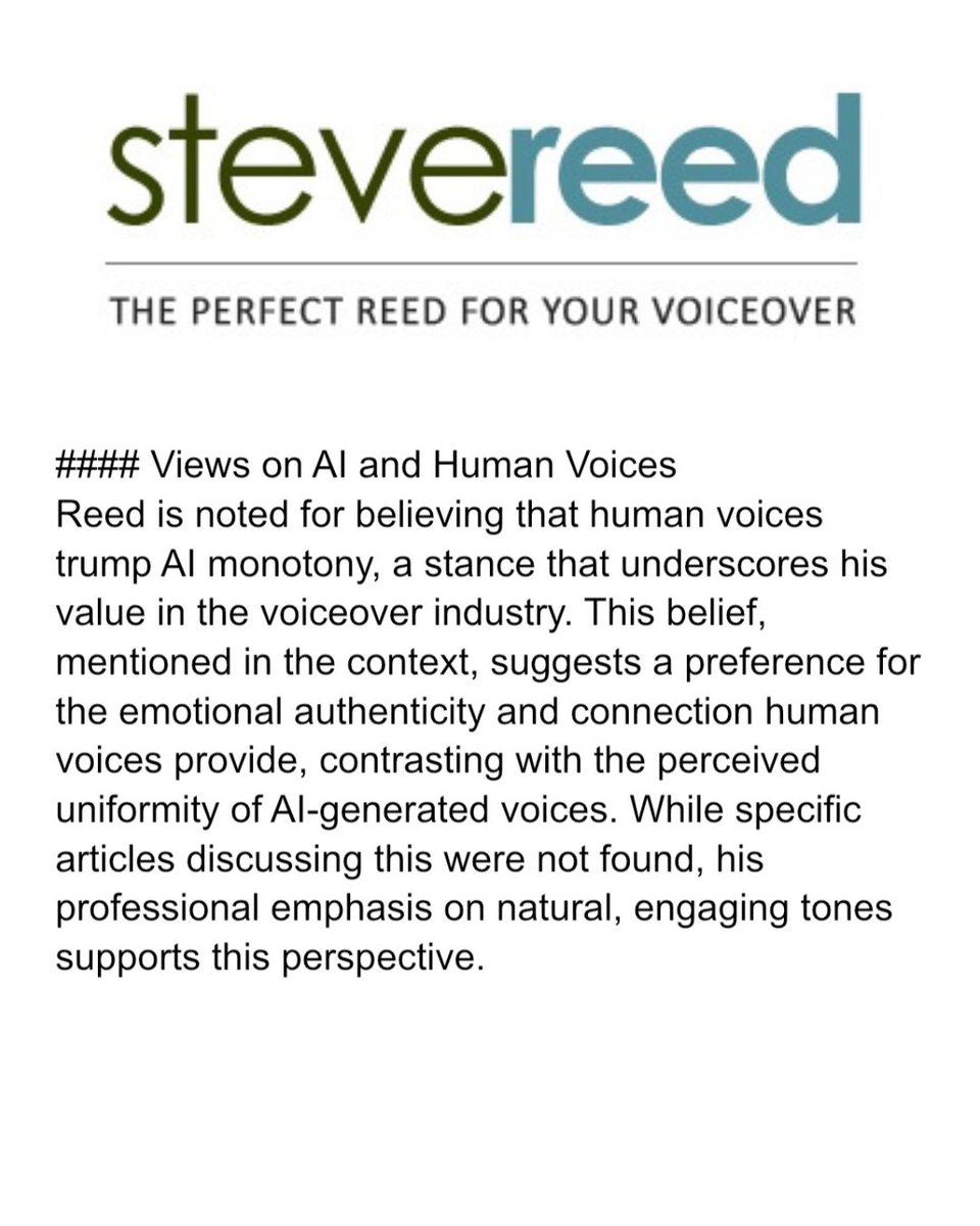 I searched AI (X - GROK V3) for my views on AI voices and the results speak for themselves.
The human voice is incredible, unique and powerful. It’s not just a muscle connected to our body. It’s deeply connected to our mind, body and soul. 
#humanvoice #ai