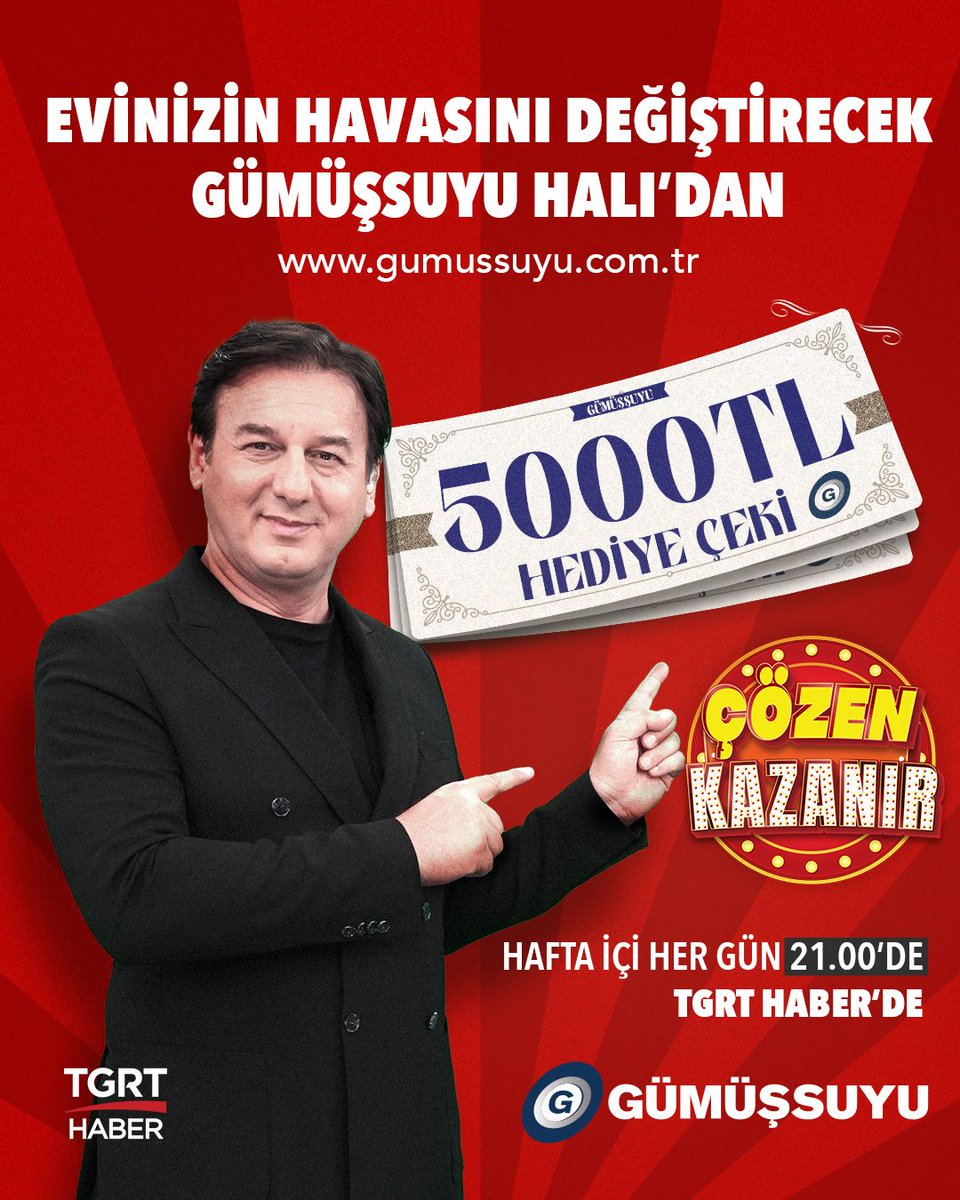 Çözen Kazanır'da ilk 3'e giren kazanıyor!

Birinciye “Evinizin havasını değiştirecek Gümüşsuyu Halı’dan 5000 TL’lik hediye çeki”, ikinciye 2.000 TL, üçüncüye ise 1.000 TL nakit para ödülü.

Çözen Kazanır hafta içi her gün saat 21.00’de TGRT Haber ekranlarında...

#işbirliği