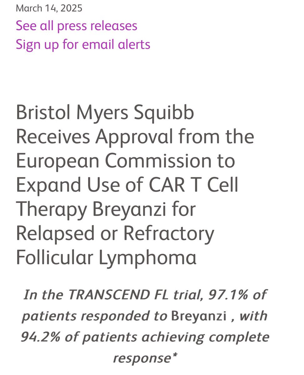 Geliştirdiğimiz Breyanzi isimli kanser hücre tedavisi şimdi de bu hafta Avrupa’da Foliküler Lenfoma için onaylandı. news.bms.com/news/corporate…