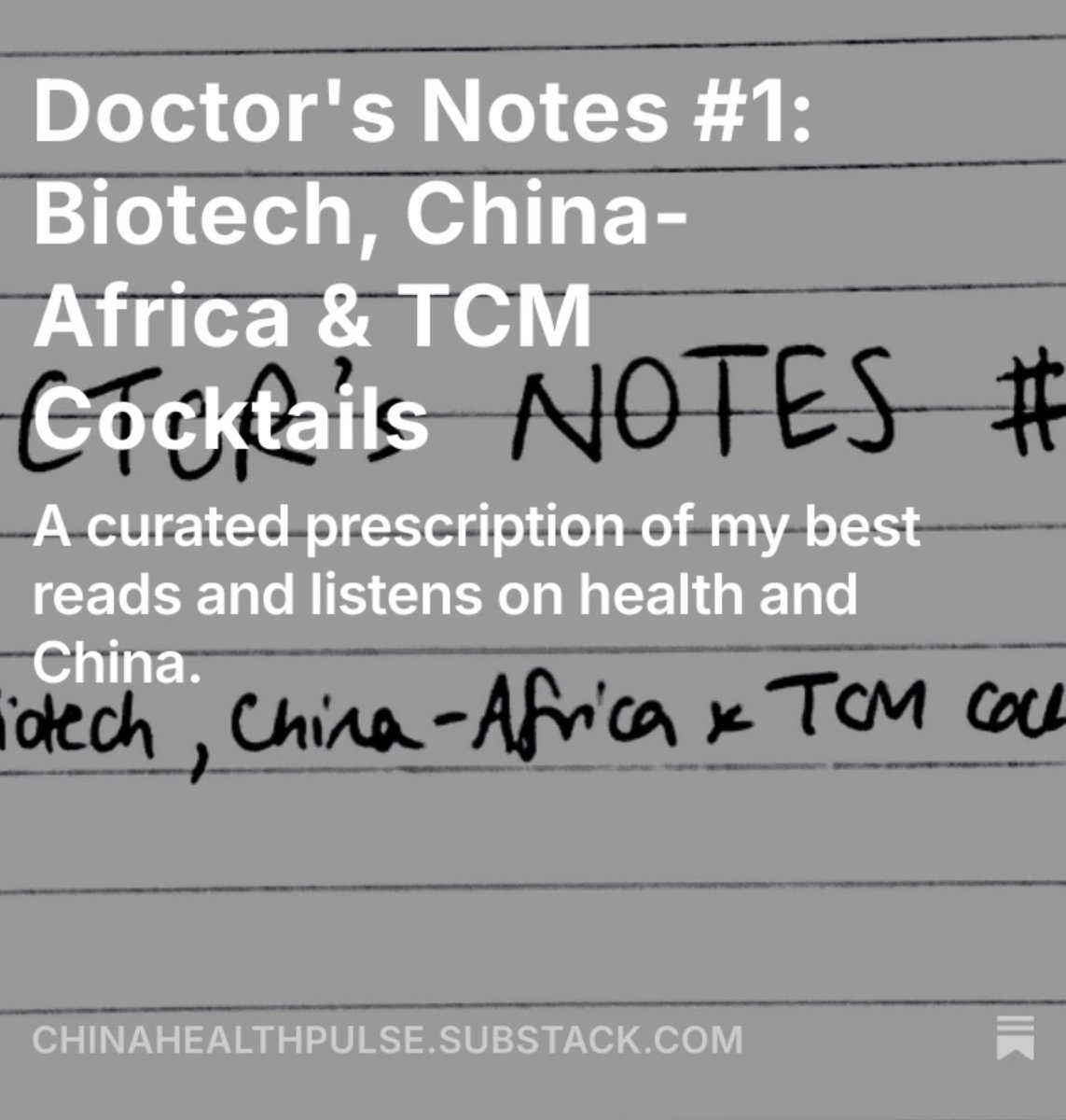 RcjWang's tweet photo. I’ve launched a new regular series at the <China Health Pulse> newsletter! a curated list of my best reads &amp; listens on China and health currently.
This week: billion-dollar biotech, China-Africa &amp; TCM cocktails.

https://t.co/LSzWVY4IZD https://t.co/1iG7cxJl3c