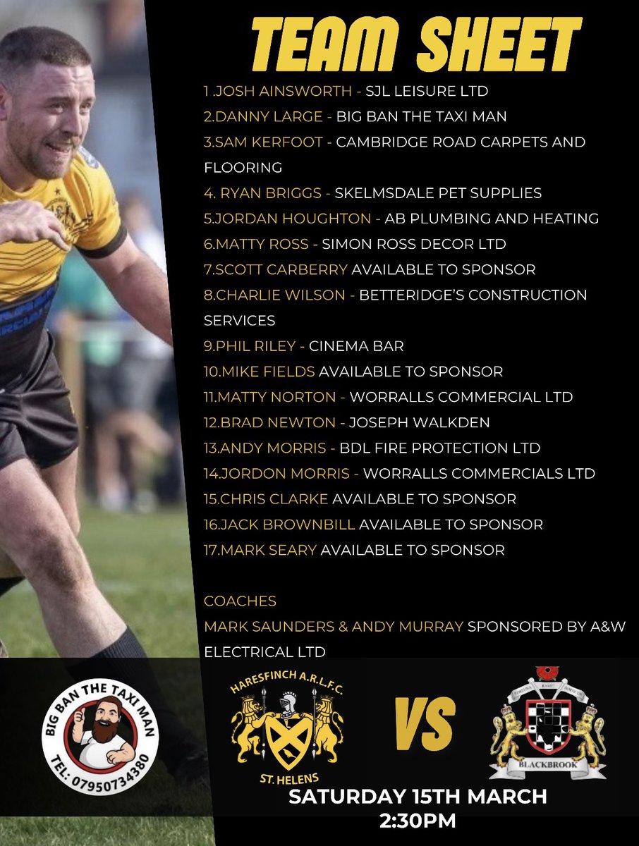 Todays team to face local rivals Blackbrook in the first home game of the season 🏉 

Todays game is sponsored by BIG BAN the TAXI MAN