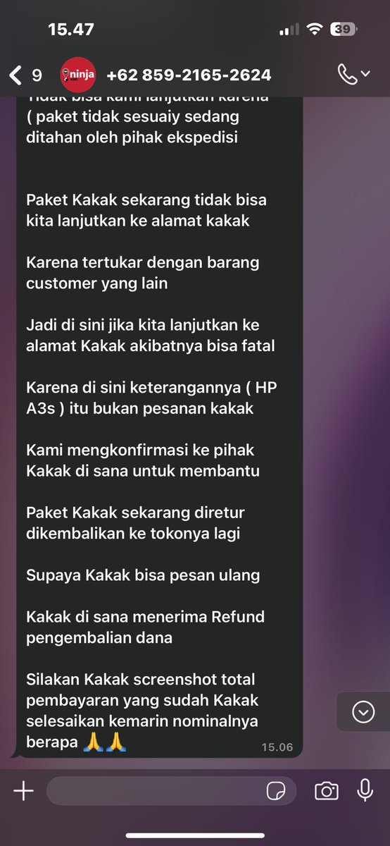 volgalmyra's tweet photo. saya dapet WA begini nih @ninjaxpress_id katanya paket saya ketuker trus dia mau refund.

abis itu dia nelfon, katanya nanti dia kirim barcode lalu saya harus scan. ya saya bilang aja dasar kang tipu. oknum tuh, bisa2nya nyebutin alamat sm nomor resi saya lagi. https://t.co/vaTe51CPPg