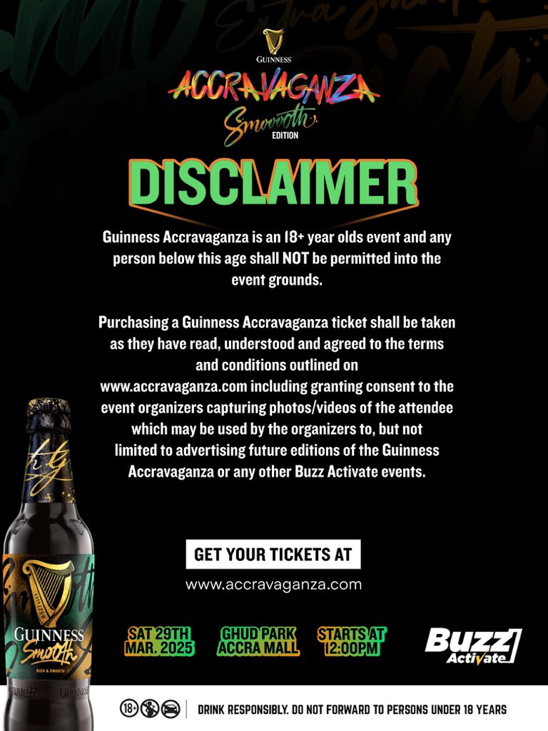 Accravaganza's tweet photo. 🚨‼️Important Notice.  

Get your tickets via https://t.co/2yPIrgYlYC #GuinnessAccraVaganza #SmooothEdition https://t.co/eOECH8Fhez
