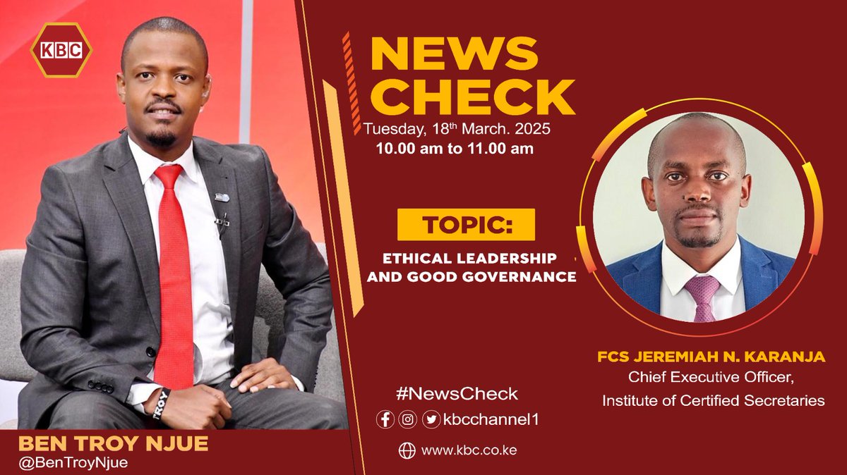 ICS_Kenya's tweet photo. Join our CEO @KaranjaJN as he shares perspectives on integrity, accountability, and effective leadership in governance this Tuesday, March 18th, 2025, from 10:00 to 11:00 AM on KBC News Check.
Tune in to @KBCChannel1 and be part of the dialogue.
#NewsCheck #EthicalLeadership https://t.co/fV2ZE17eAg