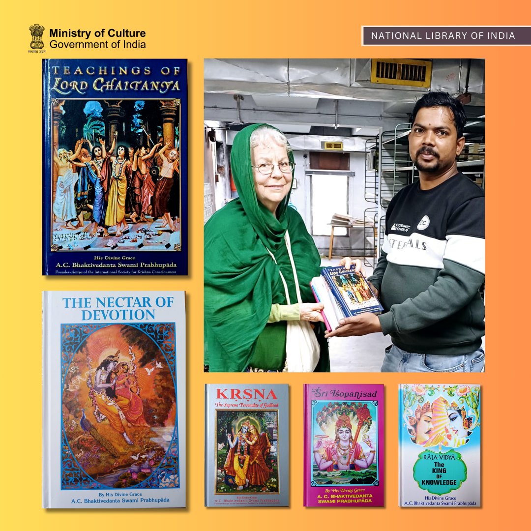 NationalLib_GoI's tweet photo. Five books i.e. Krsna, The Nectar of Devotion, Teachings of Lord Chaitanya, Sri Isopanisad &amp; Raja-Vidya
by A. C. Bhaktivedanta Swami Prabhupada were gifted to the @NationalLib_GoI by Krsna Kumari Devi Dasi (@ISKCON, Mayapur).

#NationalLibraryIndia #BooksForAll
#LibrariesForAll https://t.co/9Cqe2wBpEe
