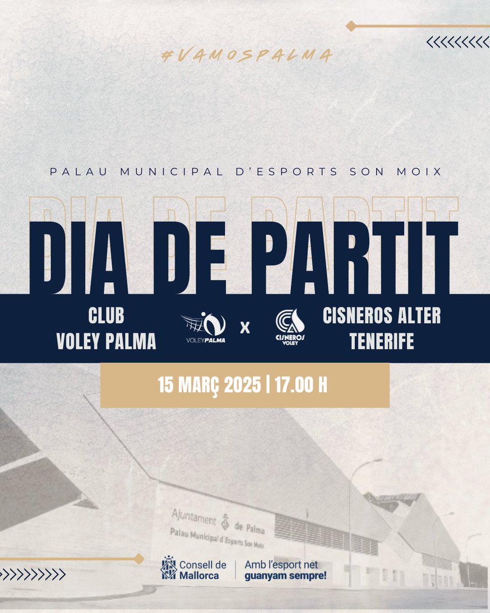 🚨 𝗗𝗜𝗔 𝗗𝗘 𝗣𝗔𝗥𝗧𝗜𝗧 🚨

2️⃣2️⃣ Jornada
📆 Dissabte 15 de març
⏰ 17:00h
🆚 <a href="/cdcisnerosalter/">cdcisnerosalter</a> 
🏟️ Palau Municipal d’Esports de Son Moix 
🎟️ Entrades a taquilla o a: app.cluber.es/legacy/clubes/…
📺 Streaming: Youtube Club Voley Palma 

#DePellBlava #SomEquip #JugamALElit