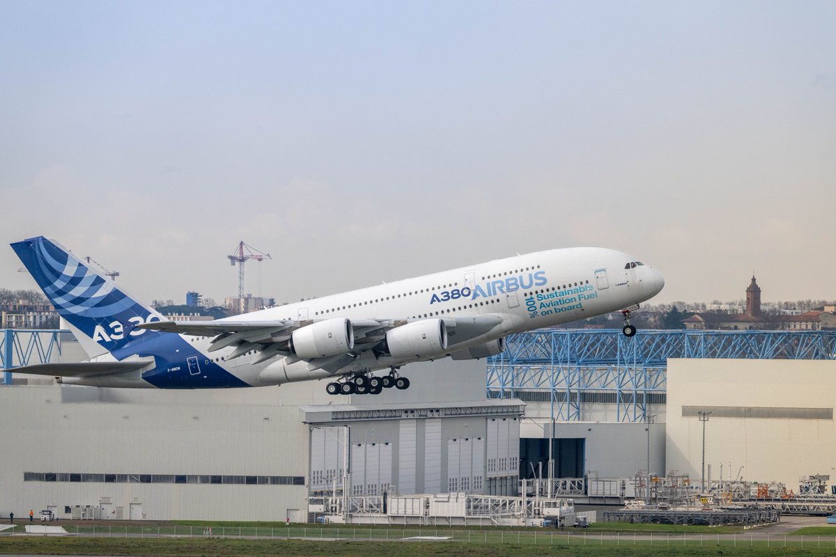 Airbus's tweet image. Yesterday our #A380 took to the skies, kicking off the 1st of a series of flight tests - and surprising fans 😍

These tests enable the certification of the latest developments that keep the A380 in-service fleet flying at the highest of safety and reliability standards. ✈️…