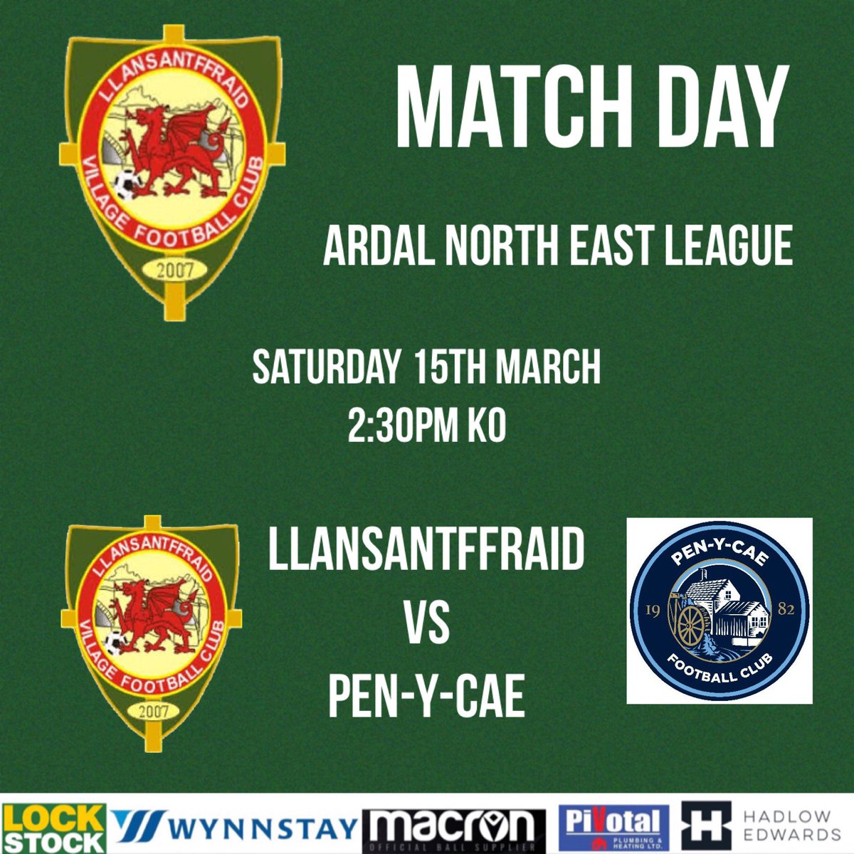 Llansantffraid FC (@st_ffraidfc) on Twitter photo 🟢⚽️ MATCH DAY ⚽️🟢
Llansantffraid vs Pen-y-Cae
2:30pm KO
Come along and show the lads some support! Cash only at the gate. £5 adults, £3 seniors and children are FREE <a href="/penycaefc1/">Penycae FC</a> 🟢⚽️ MATCH DAY ⚽️🟢
Llansantffraid vs Pen-y-Cae
2:30pm KO
Come along and show the lads some support! Cash only at the gate. £5 adults, £3 seniors and children are FREE <a href="/penycaefc1/">Penycae FC</a>