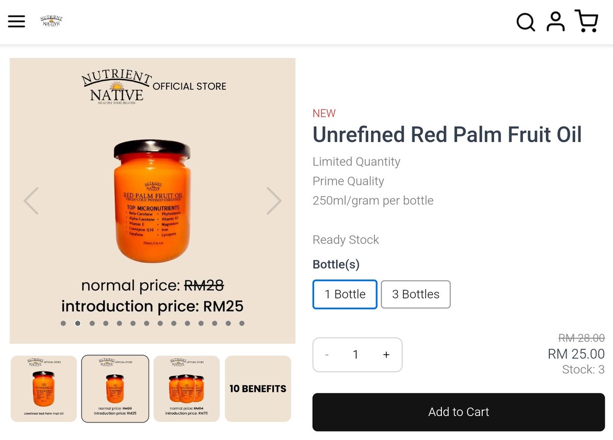 Unrefined Red Palm Fruit Oil ni kita dah update stock kat website. Tinggal sikit je. 

Habis yang ni kena tunggu hujung bulan Syawal kot baru ada balik. Kena tengok pada production.

Info-info kebaikan URPFO semua ada dalam website. Link aku kasi kat tweet kedua.