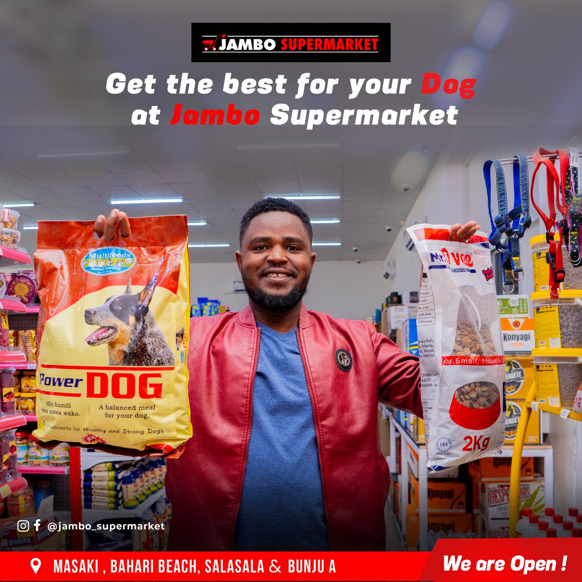 OfficialJamboTz's tweet photo. "🐶 Treat your furry friend this Saturday! 🛒 Get the best dog food at Jambo Supermarket—quality meals for happy and strong dogs! 🐕✨
📍 Visit us in Masaki, Bahari Beach, Salasala &amp; Bunju A.
#JamboSupermarket #DogFood #PetCare" https://t.co/bqGWRCGbuY