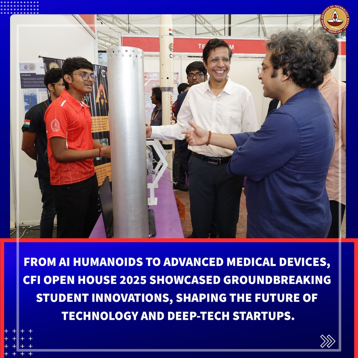 iitmadras's tweet photo. CFI Open House 2025 @iitmadras saw 1,000+ students from 26 teams showcase 60+ cutting-edge innovations in AI, robotics, biotech & more!

🔹 S.A.M.V.I.D – AI humanoid for India's Constitution Museum
🔹 Supersyringe – Precision anaesthesia dosage
🔹 Drone Swarm – Coordinated payload delivery

With 15 patents secured & 3 startups emerging, #CFI continues to fuel deep-tech & entrepreneurship!

🎙️ Prof. Kamakoti, Director, IIT Madras stated, "CFI is central to IIT Madras’ I&E stack, shaping the next-gen of innovators!"

@CFI_IITM @DoST_IITMadras @foenon

#IITMadras #CFI #OpenHouse2025