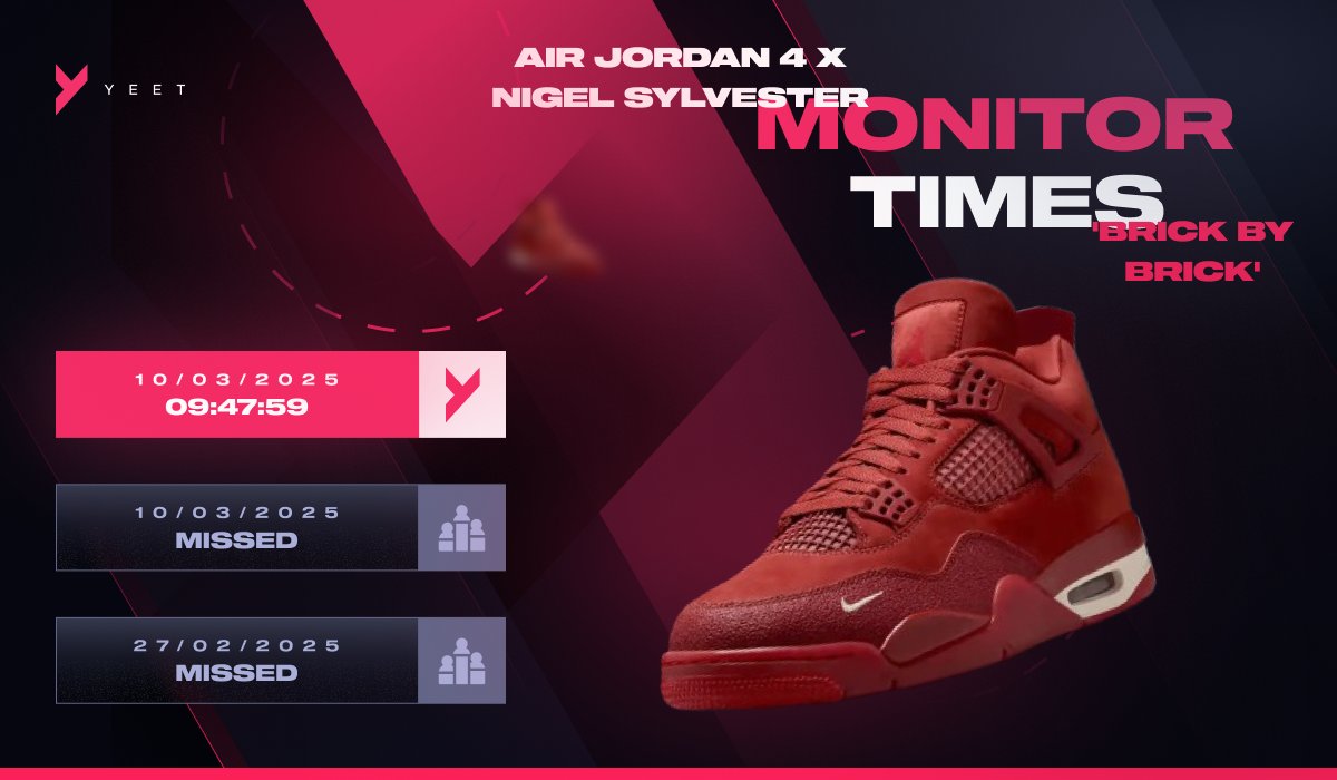The fastest public monitor provider out there!⚡️
Yeet Monitors successfully pinged the Jordan 4 x Nigel Sylvester collab through its Mesh Launches monitor, allowing users to secure their pairs with ease!!

Don't miss out, be part of Yeet!
Join us now via the link in our bio!💚