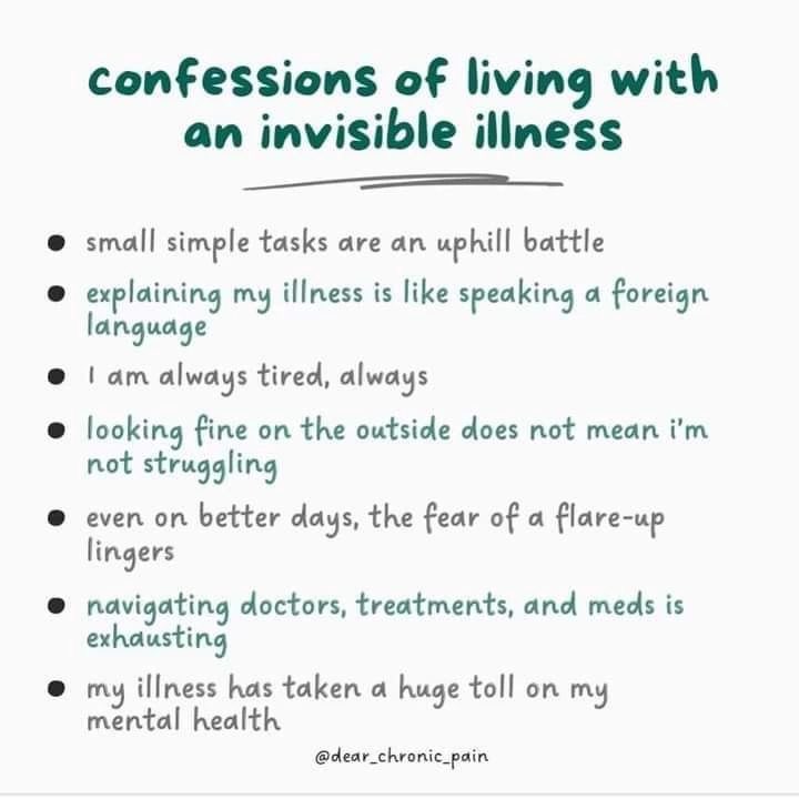 areyoflight's tweet image. confessions of living with an invisible illness
• explaining my illness is like speaking a foreign language
• looking fine on the outside does not mean i'm not struggling
• my illness has taken a huge toll on my mental health
#DisabilityRebellion #disabled