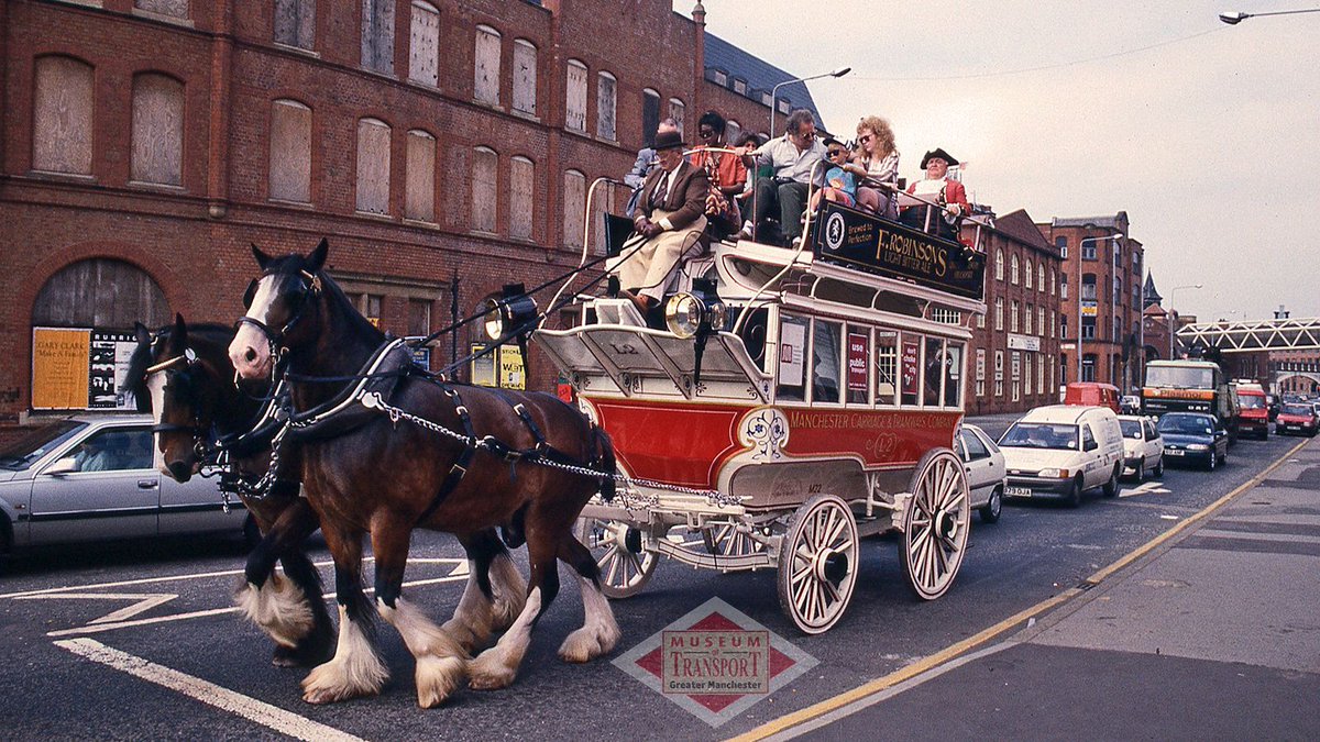 MoTGM's tweet photo. This week's #SaturdayShowoff, when we bring our collection to you, is our oldest and most precious vehicle - our 1880s horse bus. This pic was taken in 1993: if anyone knows someone who'd be willing to loan a couple of horses so we can take it out again, please get in touch! https://t.co/BE7RZXR94e