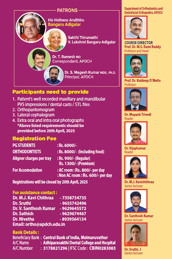 Adhiparasakthi Dental College & Hospital (@apdch2019) on Twitter photo Calling all Orthodontists & PGs!
Join ALIGNOMATICS – A Hands-on In-House Aligner Workshop @ APDCH!
24th-25th April 2025 | Melmaruvathur
3D Scanning, Printing & Aligner Fabrication!
Register before 20th April 2025!
ortho@apdch.edu.in
#Alignomatics #Orthodontics #3DPrinting Calling all Orthodontists & PGs!
Join ALIGNOMATICS – A Hands-on In-House Aligner Workshop @ APDCH!
24th-25th April 2025 | Melmaruvathur
3D Scanning, Printing & Aligner Fabrication!
Register before 20th April 2025!
ortho@apdch.edu.in
#Alignomatics #Orthodontics #3DPrinting