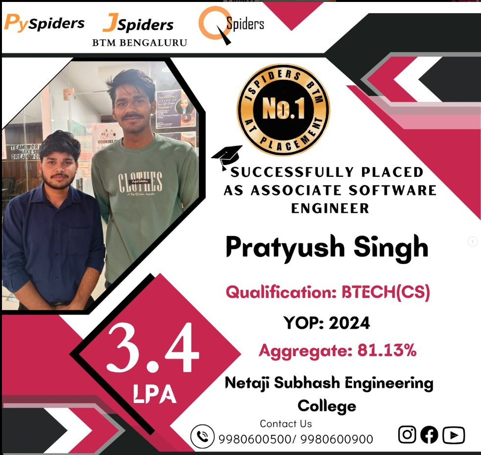 QSpiders_BTM_'s tweet image. 🎉 Big congratulations to Pratyush Singh for securing the role of Associate Software Engineer at Jspider BTM! 🚀#SuccessStory #2024Graduate #TechJobs #DreamJob #HardWorkPaysOff #KeepShining
2w
