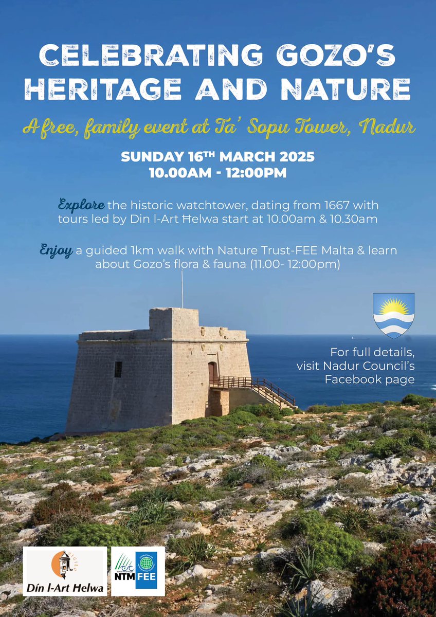 Dwejra Tower - Din l-Art Ħelwa (@dwejratower) on Twitter photo See you tomorrow at Ta' Sopu? <a href="/DinLArtHelwa/">Din L-Art Helwa</a> @nadurlocalcouncil <a href="/RobertaMetsola/">Roberta Metsola</a> <a href="/VisitGozo/">Visit Gozo</a> <a href="/VisitMalta/">VisitMalta</a> <a href="/MalteseTenor/">Joseph Calleja</a> #everyoneneedsnature #heritagerestored #gozo #heritage #NatureLovers See you tomorrow at Ta' Sopu? <a href="/DinLArtHelwa/">Din L-Art Helwa</a> @nadurlocalcouncil <a href="/RobertaMetsola/">Roberta Metsola</a> <a href="/VisitGozo/">Visit Gozo</a> <a href="/VisitMalta/">VisitMalta</a> <a href="/MalteseTenor/">Joseph Calleja</a> #everyoneneedsnature #heritagerestored #gozo #heritage #NatureLovers