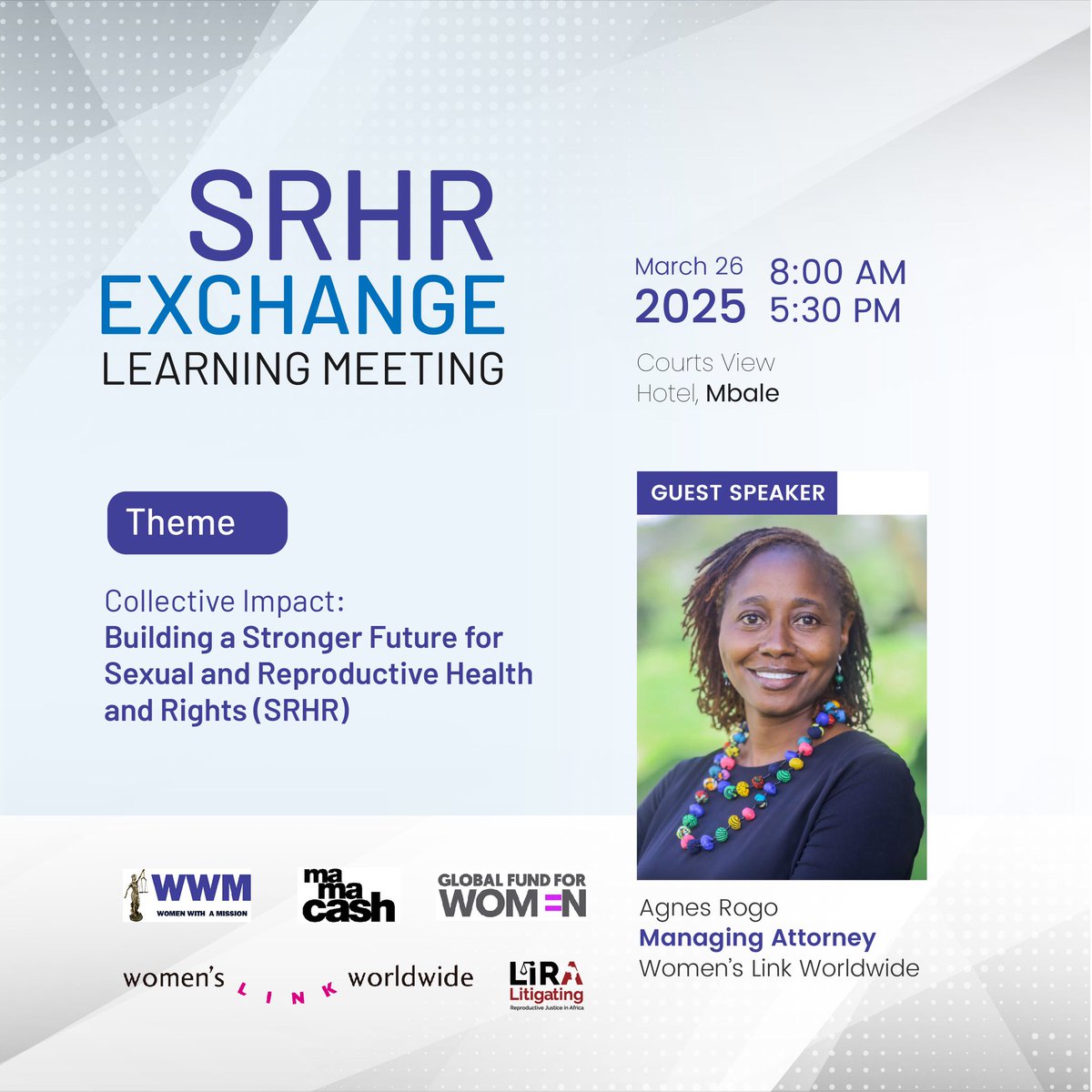 Women With A Mission (@womenwithamiss1) on Twitter photo We're delighted to have <a href="/AgnesRogo/">Agnes Rogo</a> from Women’s Link joining us as our guest speaker for the Inaugural SRHR Exchange Learning Meeting on March 26 in Mbale.
Join to engage into conversations around “Collective Impact: Building a Stronger Future for SRHR.”
#SRHRExchangeLearning We're delighted to have <a href="/AgnesRogo/">Agnes Rogo</a> from Women’s Link joining us as our guest speaker for the Inaugural SRHR Exchange Learning Meeting on March 26 in Mbale.
Join to engage into conversations around “Collective Impact: Building a Stronger Future for SRHR.”
#SRHRExchangeLearning