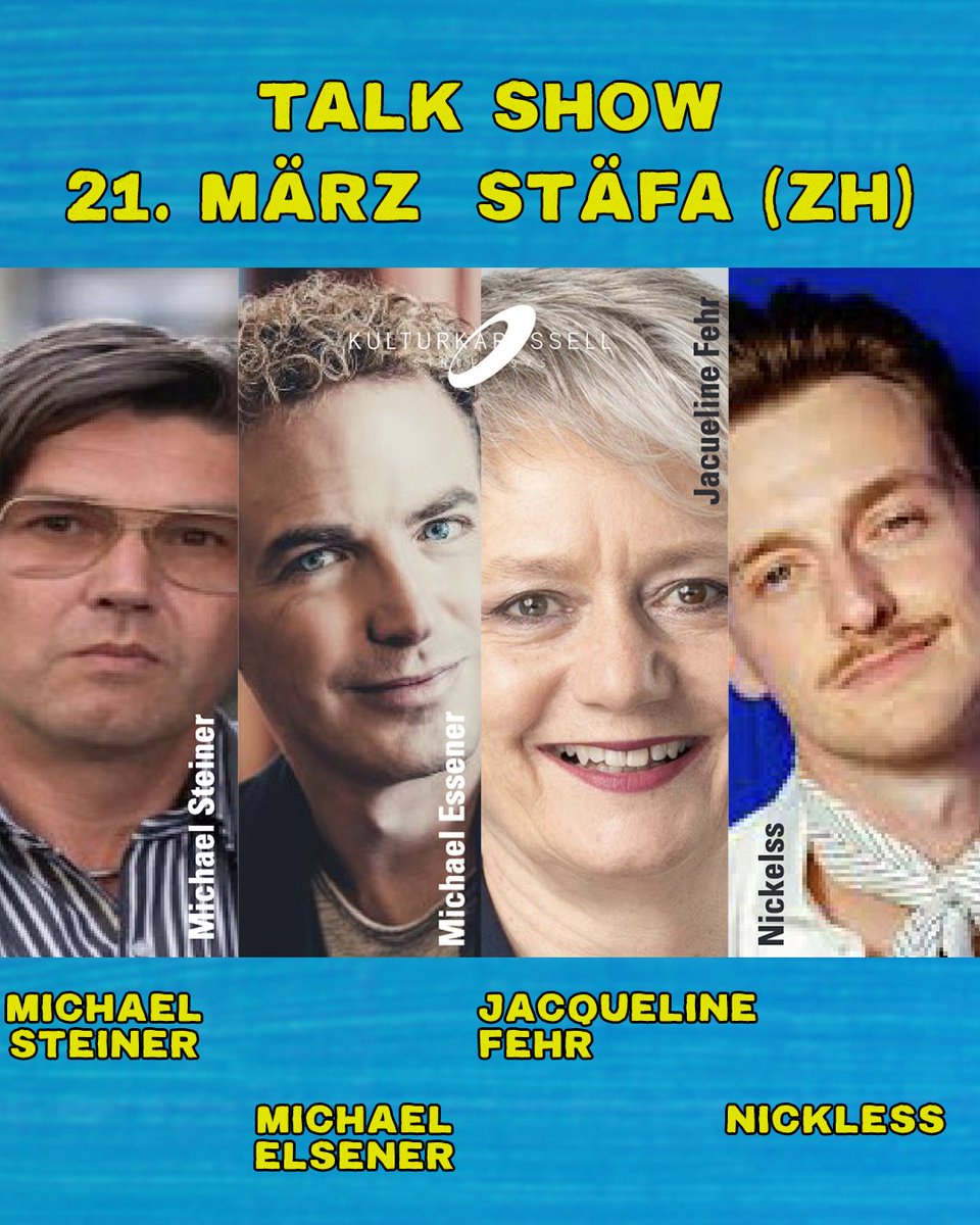 Michael Elsener (@michaelelsener) on Twitter photo Ich mache eine Talk mit Regierungsrätin <a href="/jacquelinefehr/">Jacqueline Fehr</a>, Regisseur Michael Steiner & Musiker Nickless. Am Freitag, 21. März, 20 Uhr im Kulturkarussell Stäfa. Wir reden über Schweizer Filme, Schweizer Musik und was die Politik in der Kulturszene verändern könnte. #talk #comedy Ich mache eine Talk mit Regierungsrätin <a href="/jacquelinefehr/">Jacqueline Fehr</a>, Regisseur Michael Steiner & Musiker Nickless. Am Freitag, 21. März, 20 Uhr im Kulturkarussell Stäfa. Wir reden über Schweizer Filme, Schweizer Musik und was die Politik in der Kulturszene verändern könnte. #talk #comedy