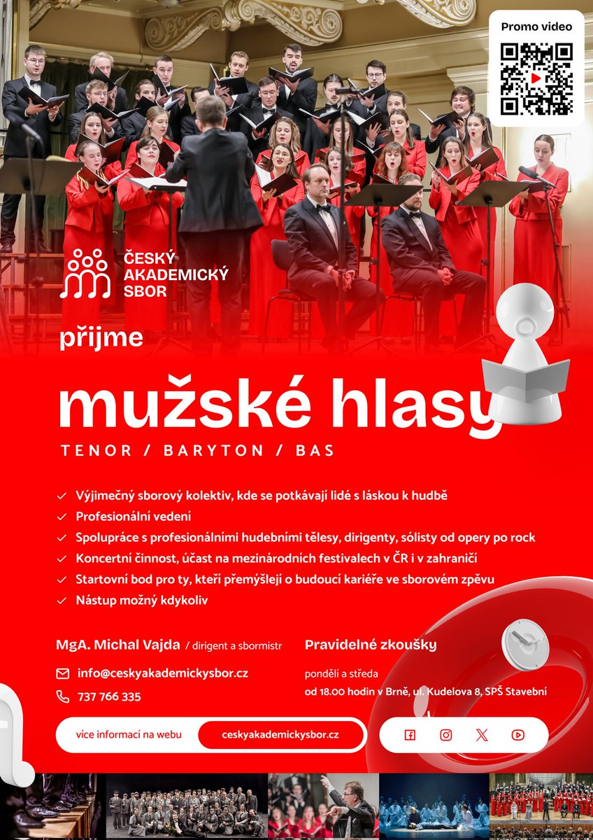 cas_sbor's tweet photo. 📢 Český akademický sbor | Brno přijme nové zpěváky do hlasových skupin - tenor, baryton, bas. 🎤🎶

🗓 Pravidelné zkoušky probíhají v pondělí a ve středu od 18.00 hodin 🕰 ve středu města📍(Brno, Kudelova 8, SPŠ Stavební).

✅️ Nástup možný kdykoliv https://t.co/vldOqow1rK