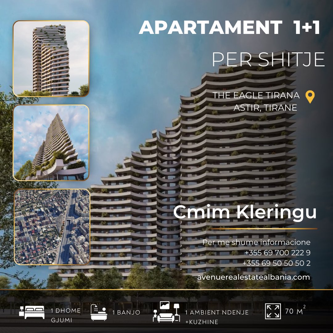 AnisaJaupi's tweet photo. ‼️CMIM KLERINGU‼️
SHITET APARTAMENT 1+1 RESIDENCA THE  EAGLE TIRANA

Astir, Tirane 

Sip bruto: 70 m2

‼️Pagese me keste ose totale 

Per me shume informacione ose nje vizite ne prone na kontaktoni:
0697002229 https://t.co/EstAWEeQTR