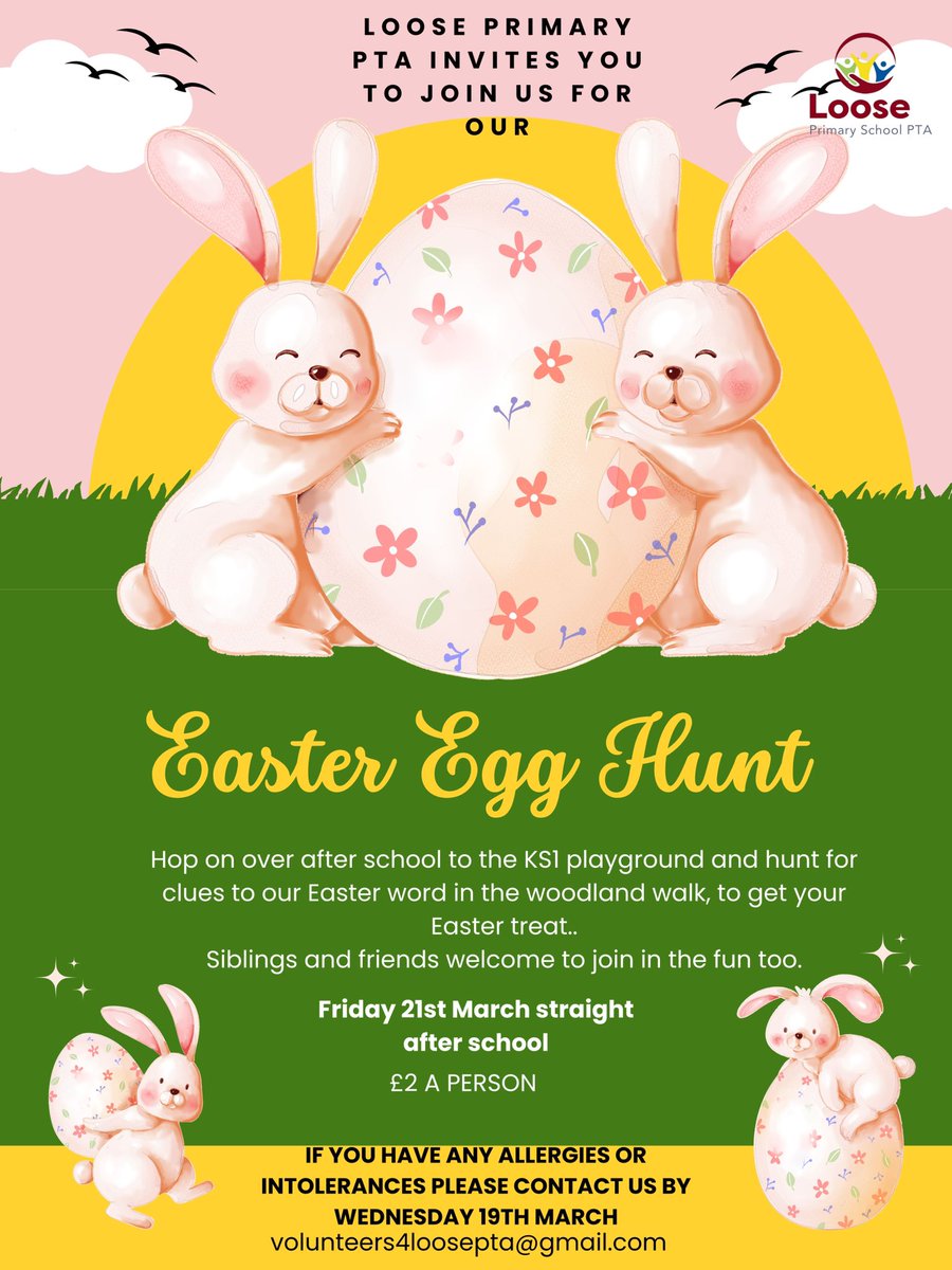 This coming Friday 21st March, straight after school, Peter rabbit will be in attendance, so be sure to make it down to KS1 playground. 🐰 🥚💛

All welcome to come and join in our event, it’s £2 a child, cash or card on the day.