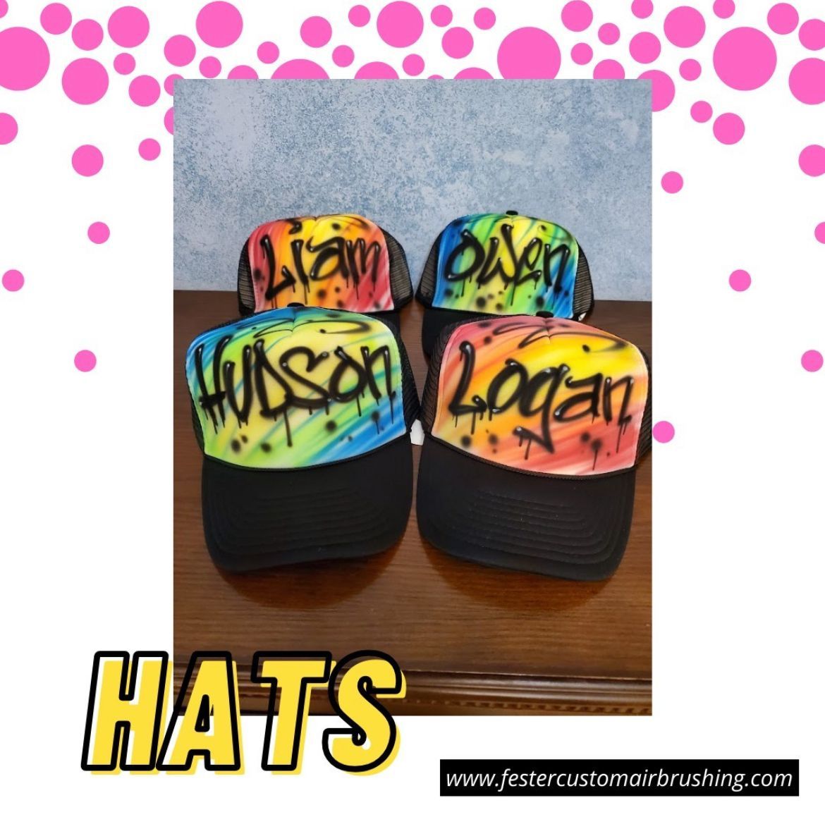 Elevate your hat collection with our personalized airbrushed trucker hats! Everyone loves these for party favors or vacay gear!

#truckerhats #personalizedhats #airbrush #artist #airbrushedparty #grafitti #giftsforkids #giftsforteens #shopsmall #supportartists