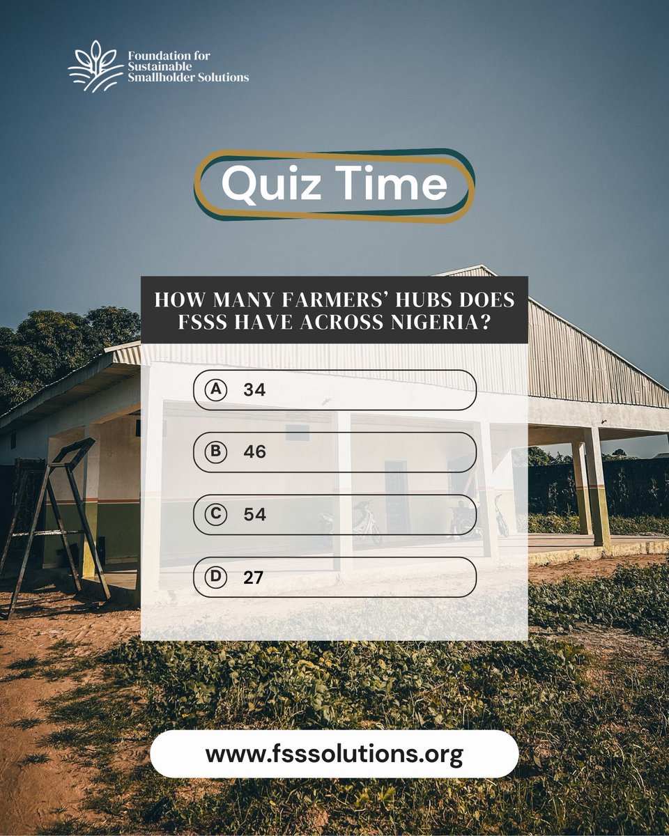 fsssnigeria's tweet photo. We have and still are spreading our Farmers’ Hubs across Nigeria, helping smallholder farmers grow and thrive. But here’s a fun one—how many Farmers’ Hubs do we have across the country? 🤔 🇳🇬

Drop your guess in the comments before you swipe! ⬇💬

#WeekendTrivia #FarmersHub #GrowingTogether #FSSSNigeria