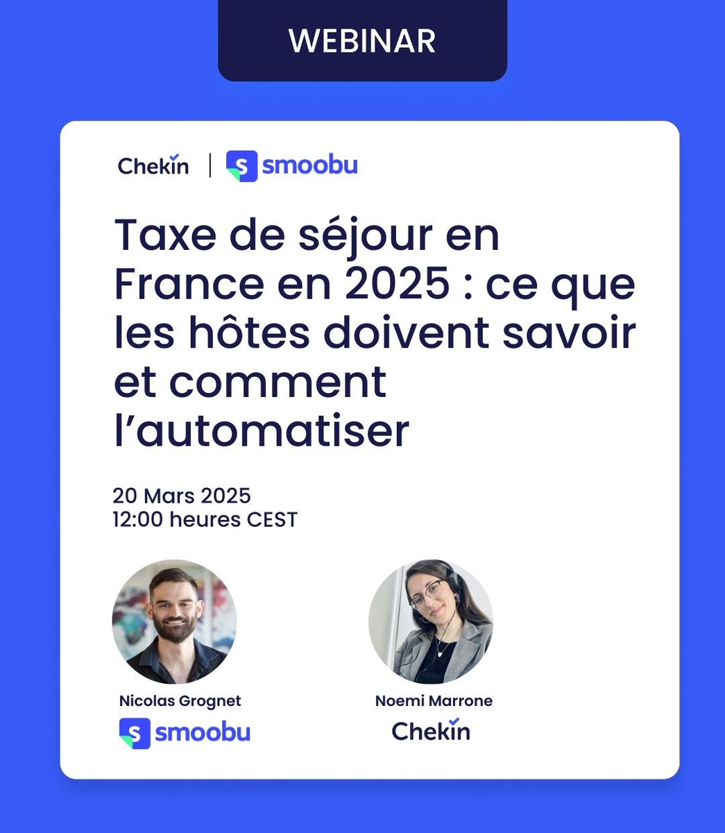 📢 Webinaire avec Chekin : êtes-vous prêt pour la Taxe de séjour 2025 ? 🏡💡 Rejoignez-nous pour une session dédiée aux hôtes en France : ✅ Nouvelle réglementation fiscale ✅ Impact sur votre activité ✅ Automatisation du processus 📅 Inscrivez-vous : buff.ly/dMlIFzR