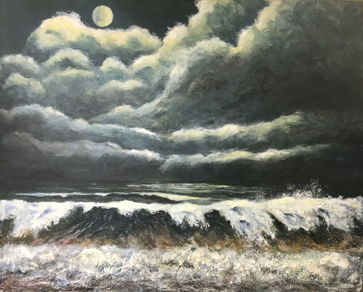malcolmtait's tweet photo. "What A Little Moonlight Can Do". 152 x 121 x 5 cm is another of the larger works for my upcoming exhibition "To look at the sea is to become what one is ".  The detailing in the foam at the base of the picture is created using small pebbles and grit from the beach. Details in /2 https://t.co/MdjFX55bzR