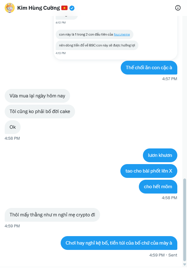 BearDegen_eth's tweet photo. Con lợn này @kimhungcuong  Deloy token trên @four_meme_ Shill láo xong lùa gà, anh em cẩn thận

=> nó deloy token $eCake trên four meme, nó gom hết hàng xong pump láo, dụ anh em vào đu đỉnh xong nó rug 

Đừng ai mua con $ECAKE này mua vào nó scam xong rug luôn là chắc ^^

CA: 0x219c2bd94c34d4417a4a99a1dce14ba95062a06a (SCAM Don't buy)

Bằng chứng là cái ví nó dùng để tạo các token từ trước, nó dùng $CAKE của nó hold để add pool =))))))))), đéo ai đời làm dự án đi add pool = cake bao giờ
https://t.co/kq9sgUdZai

=> Mày làm dự án đéo sai. Nhưng lươn khươn, tao hỏi thì đéo nói, trên đời là đàn ông, dám làm thì dám nhận. Không thì mua cái váy mà mặc vào ^^

=> Làm Dev đéo sai => Dev chơi ẩu mới sai.