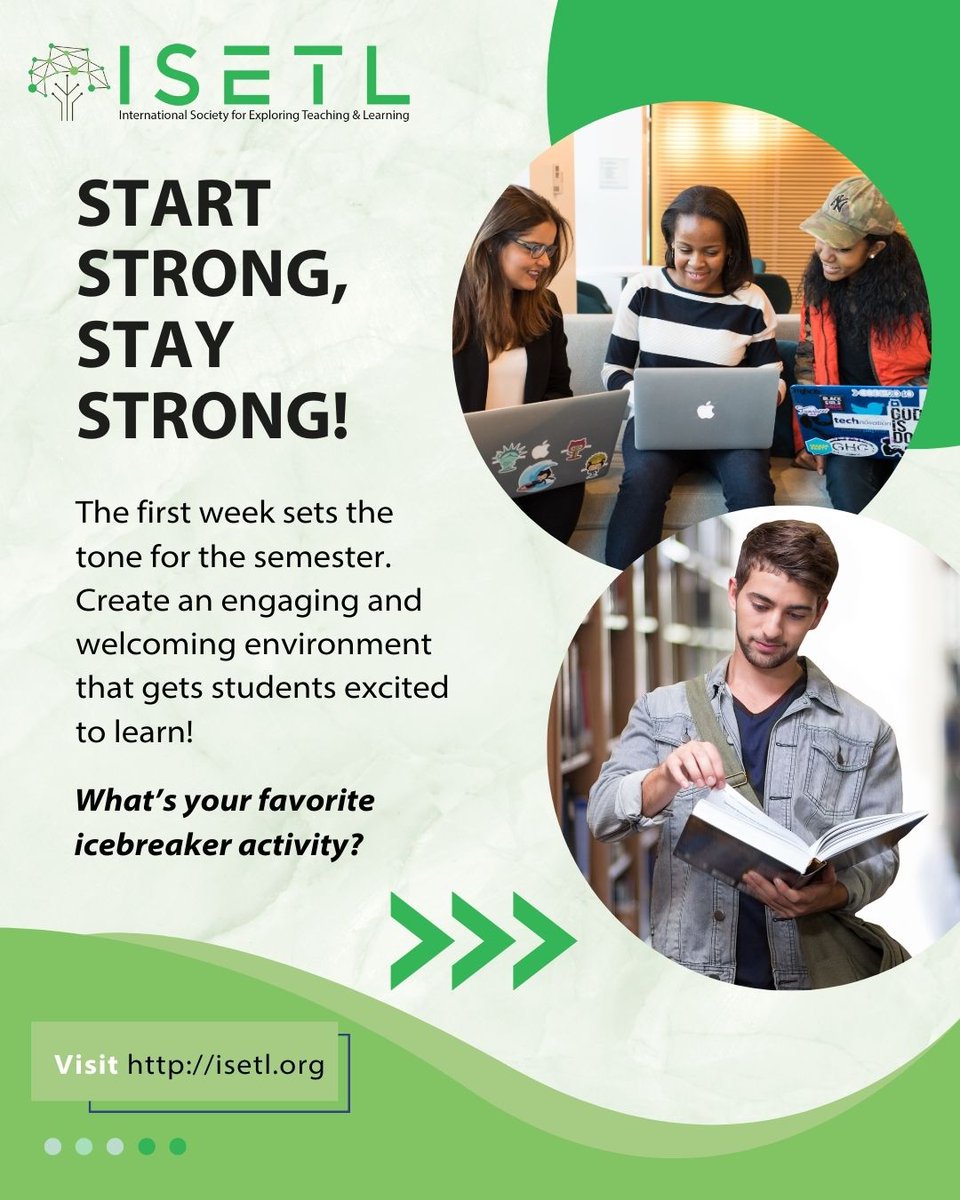 ISETL_'s tweet image. 🎉 Start Strong, Stay Strong! 🎉
 The first week sets the tone for the semester. Create an engaging and welcoming environment that gets students excited to learn!
📢 What’s your favorite icebreaker activity?
#EngageAndInspire #FirstWeekSuccess #TeachingMatters #ISETL