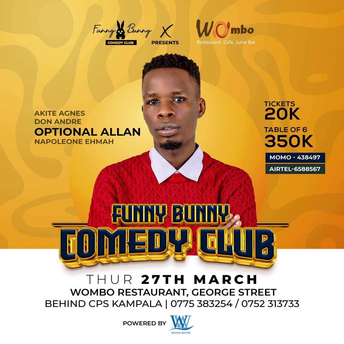 Join us this month 27th at wombo restaurant for a good laugh, tickets are on sale now! Grab yours! 
📌Wombo restaurant