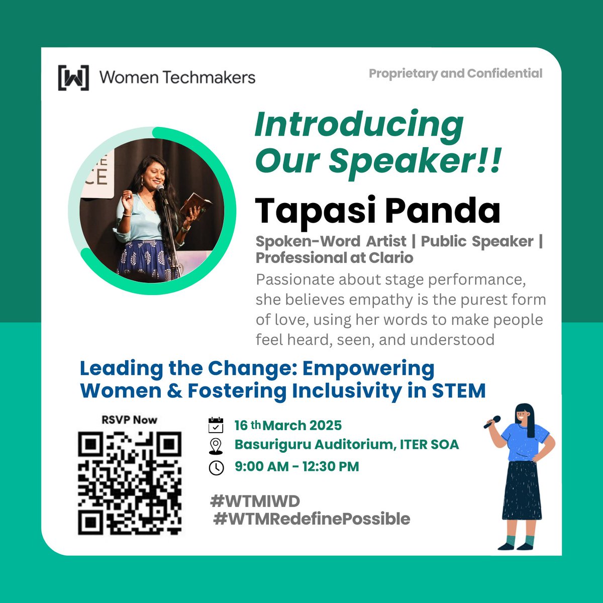 Introducing Our third Speaker!!

🎤 Tapasi Panda
Spoken-Word Artist | Public Speaker | Professional at Clario

Talk Title:Leading the Change: Empowering Women &amp; Fostering Inclusivity in STEM

#WTMIWD #WTMRedefinePossible